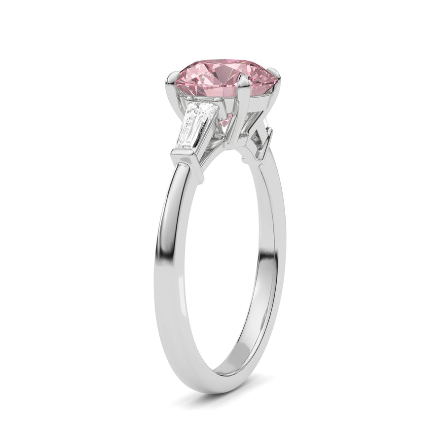 Silver Three-Stone Fancy Pink Round Cut Diamond Ring with Tapered Baguette Side Stones