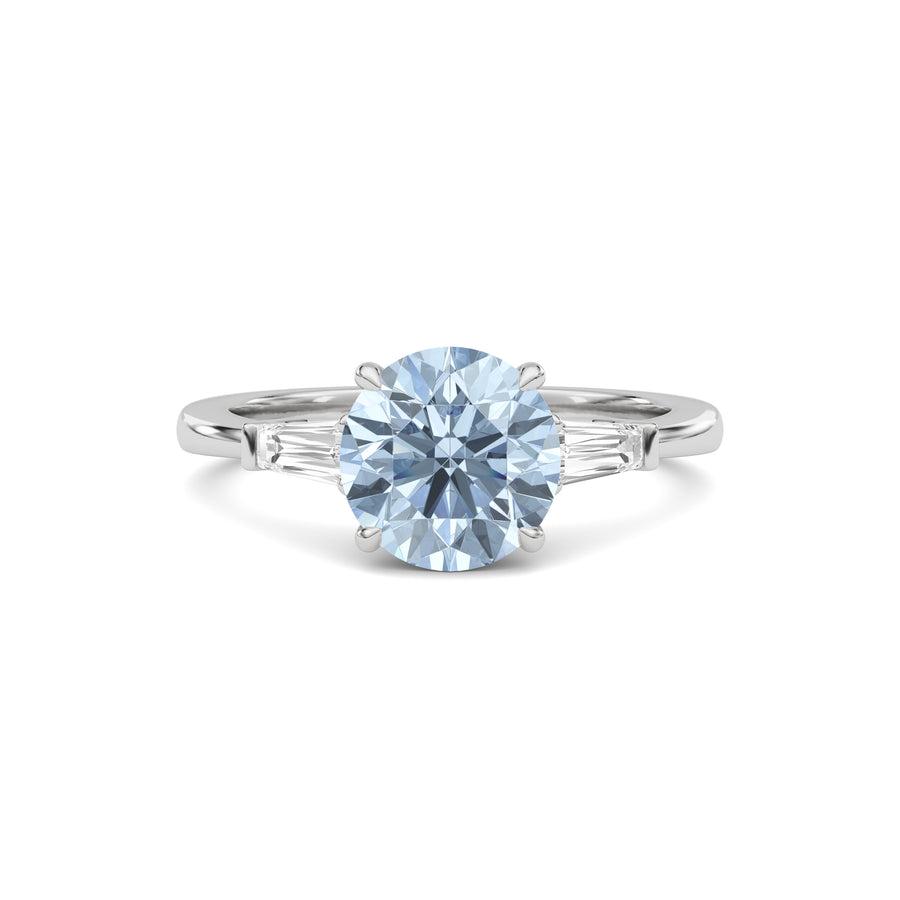 Silver Three-Stone Fancy Blue Round Cut Diamond Ring with Tapered Baguette Side Stones