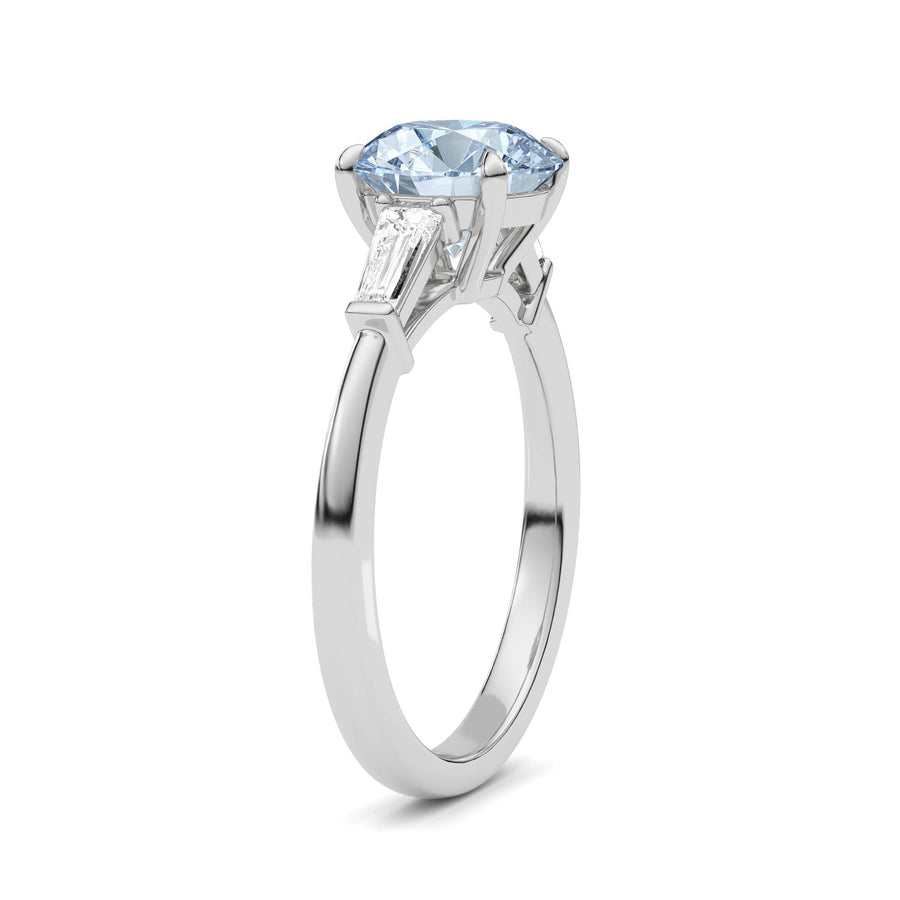 Silver Three-Stone Fancy Blue Round Cut Diamond Ring with Tapered Baguette Side Stones