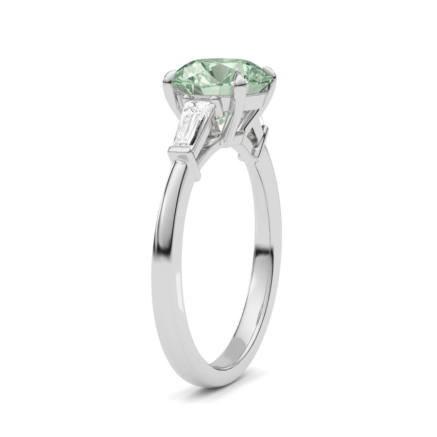 Silver Three-Stone Fancy Green Round Cut Diamond Ring with Tapered Baguette Side Stones
