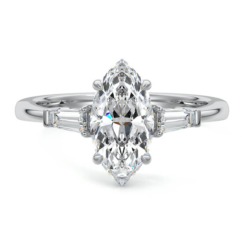 Silver Three-Stone Marquise Diamond Ring with Tapered Baguette Side Stones