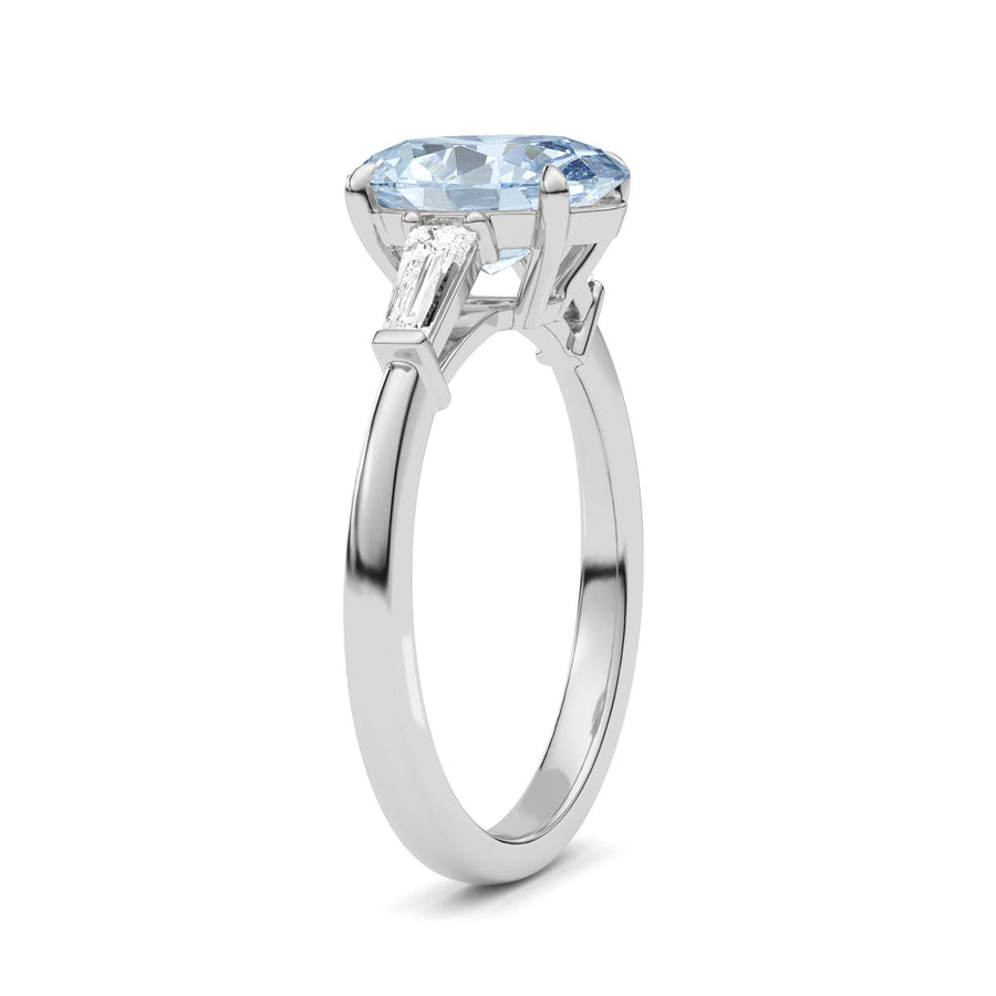 Silver Three-Stone Fancy Blue Oval Cut Diamond Ring with Tapered Baguette Side Stones
