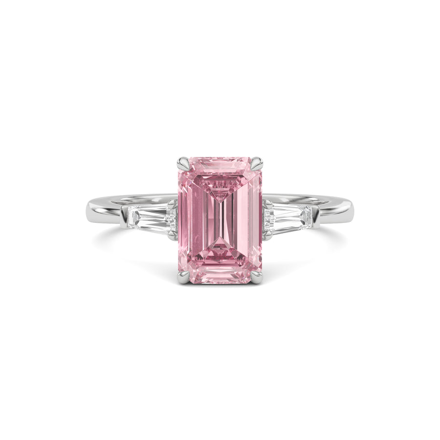 Silver Three-Stone Fancy Pink Emerald Cut Diamond Ring with Tapered Baguette Side Stones