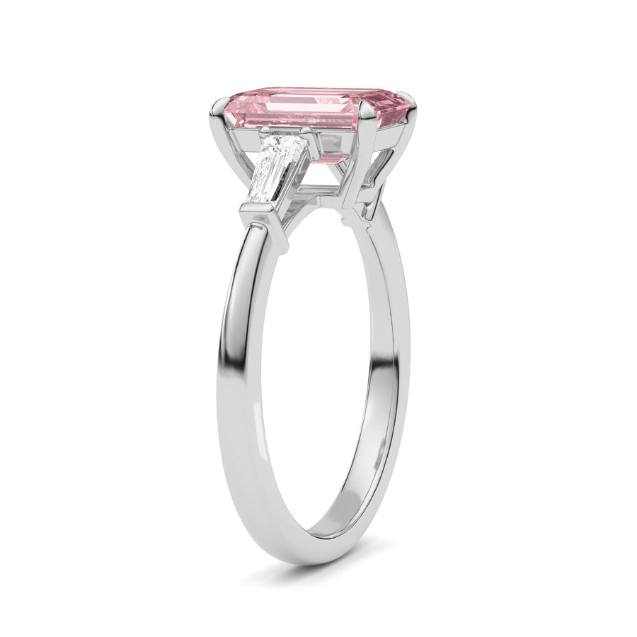 Silver Three-Stone Fancy Pink Emerald Cut Diamond Ring with Tapered Baguette Side Stones