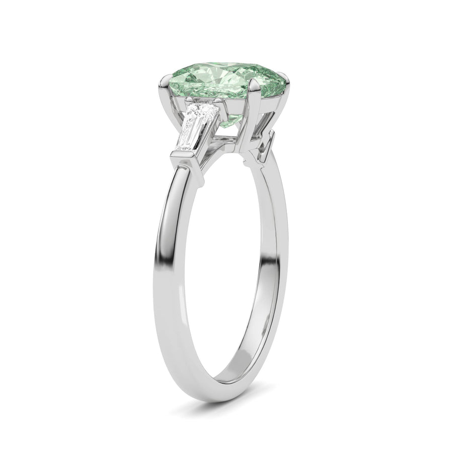 Silver Three-Stone Fancy Green Cushion Cut Diamond Ring with Tapered Baguette Side Stones