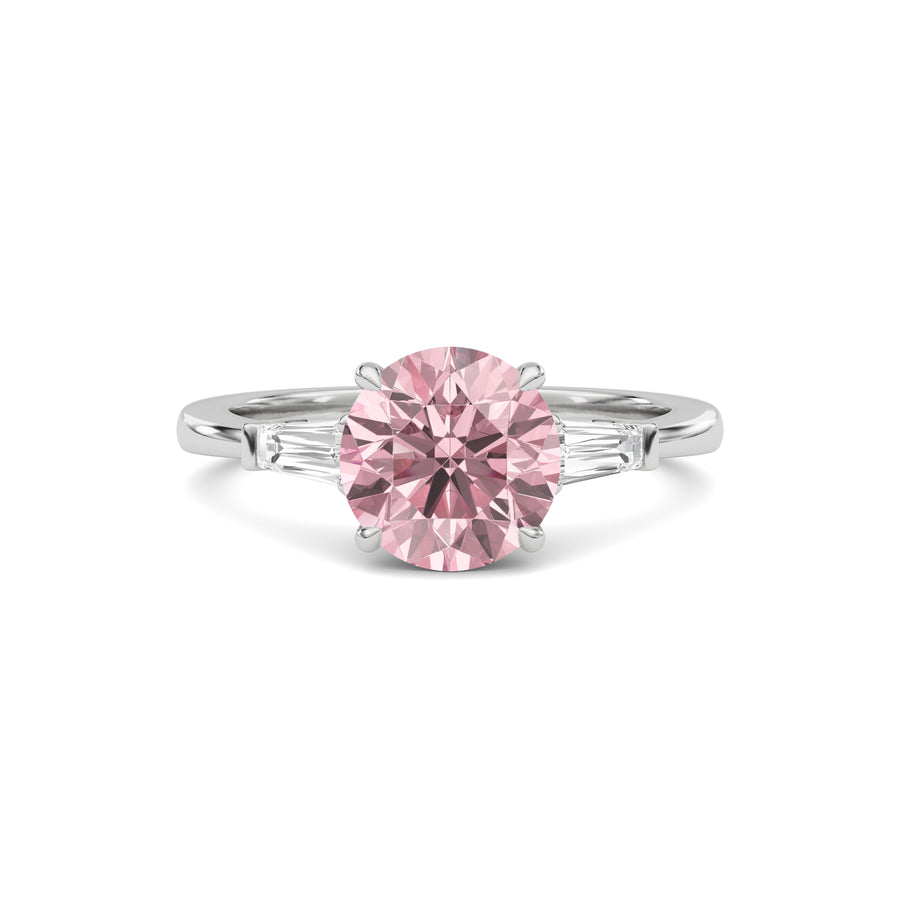 Platinum Three-Stone Fancy Pink Round Cut Diamond Ring with Tapered Baguette Side Stones