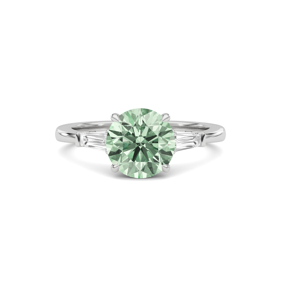 Platinum Three-Stone Fancy Green Round Cut Diamond Ring with Tapered Baguette Side Stones