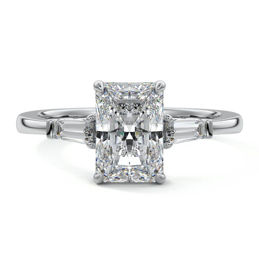 Platinum Three-Stone Radiant Diamond Ring with Tapered Baguette Side Stones