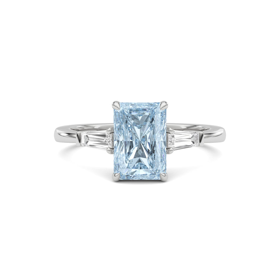 Platinum Three-Stone Fancy Blue Radiant Cut Diamond Ring with Tapered Baguette Side Stones