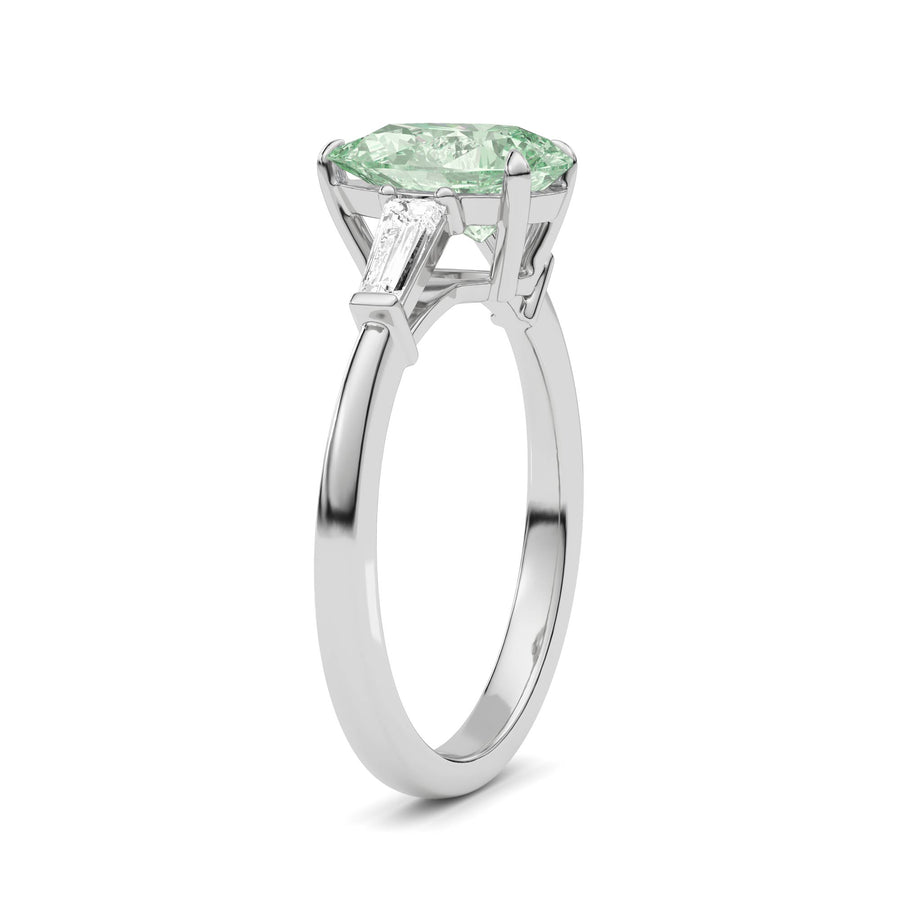 Platinum Three-Stone Fancy Green Pear Cut Diamond Ring with Tapered Baguette Side Stones