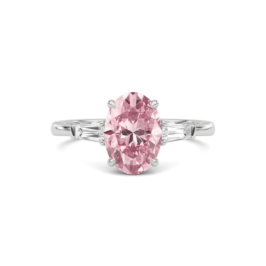 Platinum Three-Stone Fancy Pink Oval Cut Diamond Ring with Tapered Baguette Side Stones