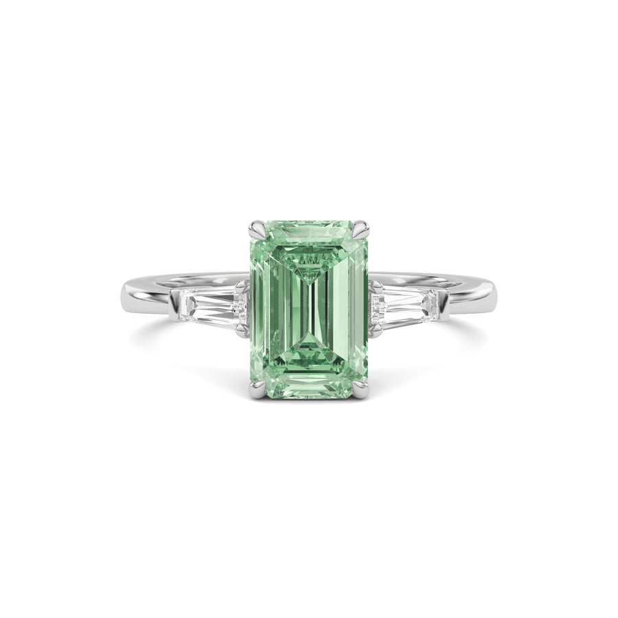 Platinum Three-Stone Fancy Green Emerald Cut Diamond Ring with Tapered Baguette Side Stones