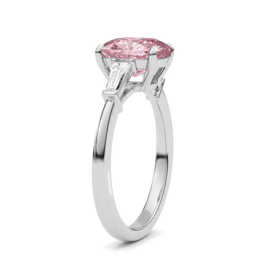 Platinum Three-Stone Fancy Pink Cushion Cut Diamond Ring with Tapered Baguette Side Stones