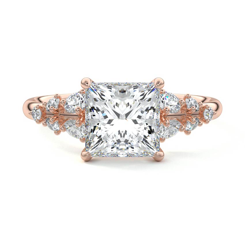 Rose gold Princess Diamond Side Stone Engagement Ring with Round Floral Cluster Accents