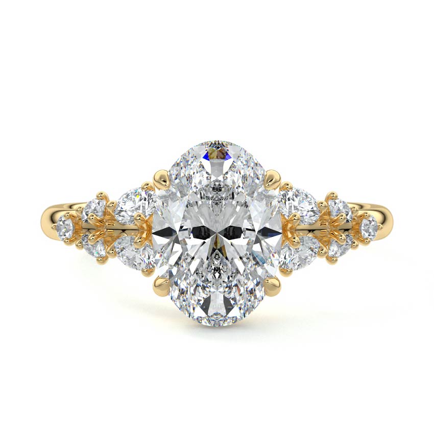 Yellow gold Oval Diamond Side Stone Engagement Ring with Round Floral Cluster Accents