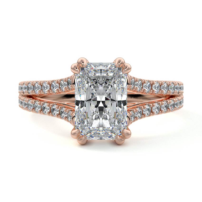 Rose gold Radiant Diamond Engagement Ring with Split Shank Cathedral Pave Band
