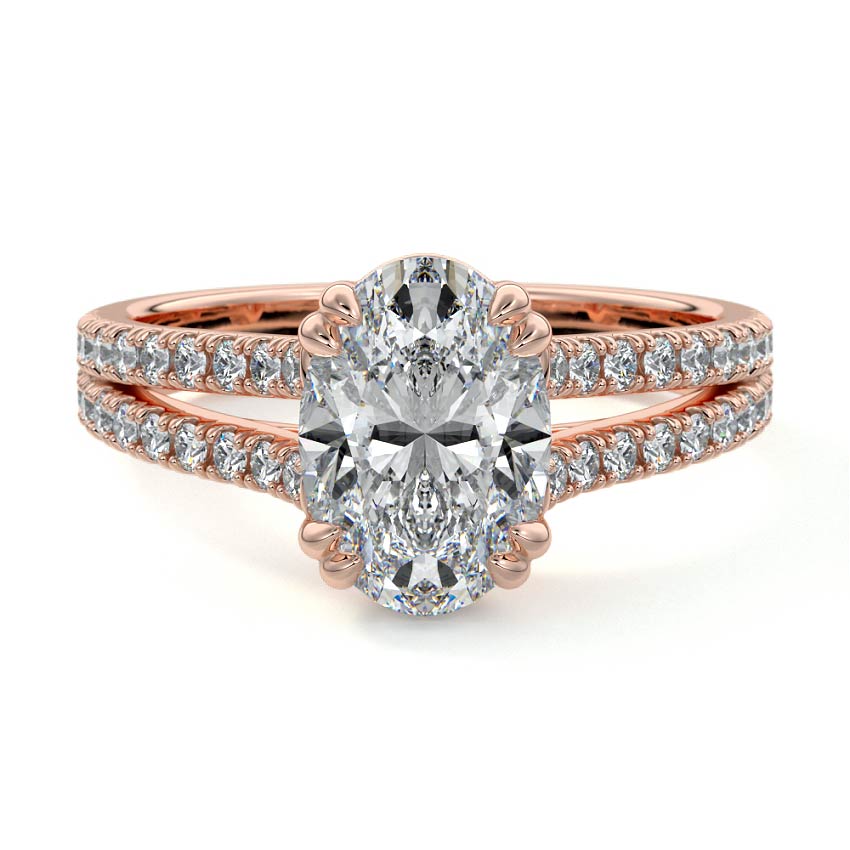 Rose gold Oval Diamond Engagement Ring with Split Shank Cathedral Pave Band