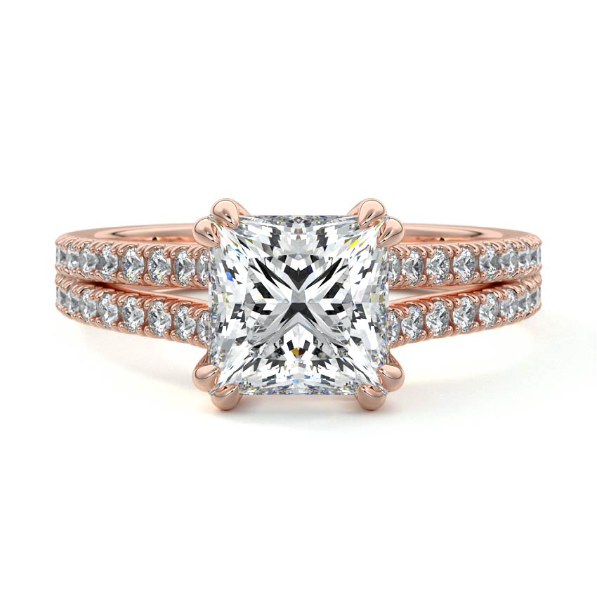 Rose gold Princess Diamond Engagement Ring with Split Shank Cathedral Pave Band