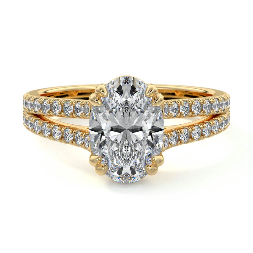 Yellow gold Oval Diamond Engagement Ring with Split Shank Cathedral Pave Band