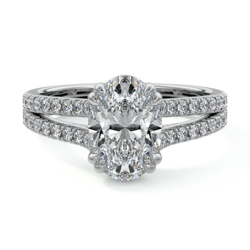 Silver Oval Diamond Engagement Ring with Split Shank Cathedral Pave Band
