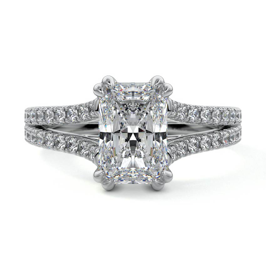 Platinum Radiant Diamond Engagement Ring with Split Shank Cathedral Pave Band