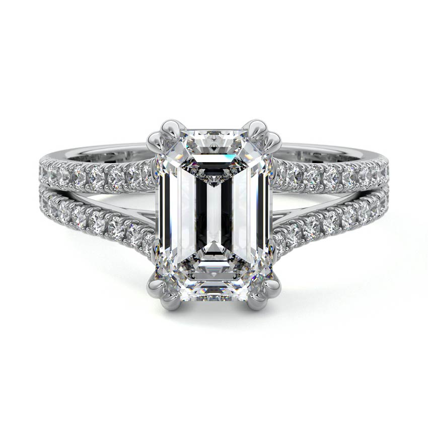 Platinum Emerald Diamond Engagement Ring with Split Shank Cathedral Pave Band