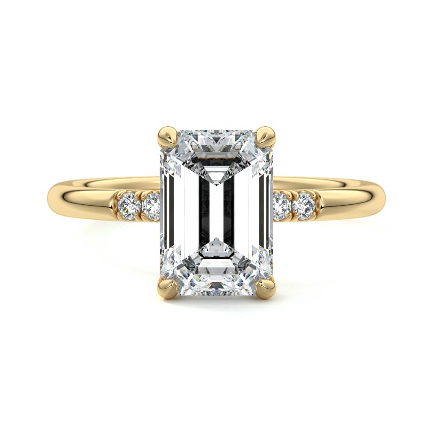 Yellow gold Emerald Diamond Hidden Halo Solitaire with Round Side Accents