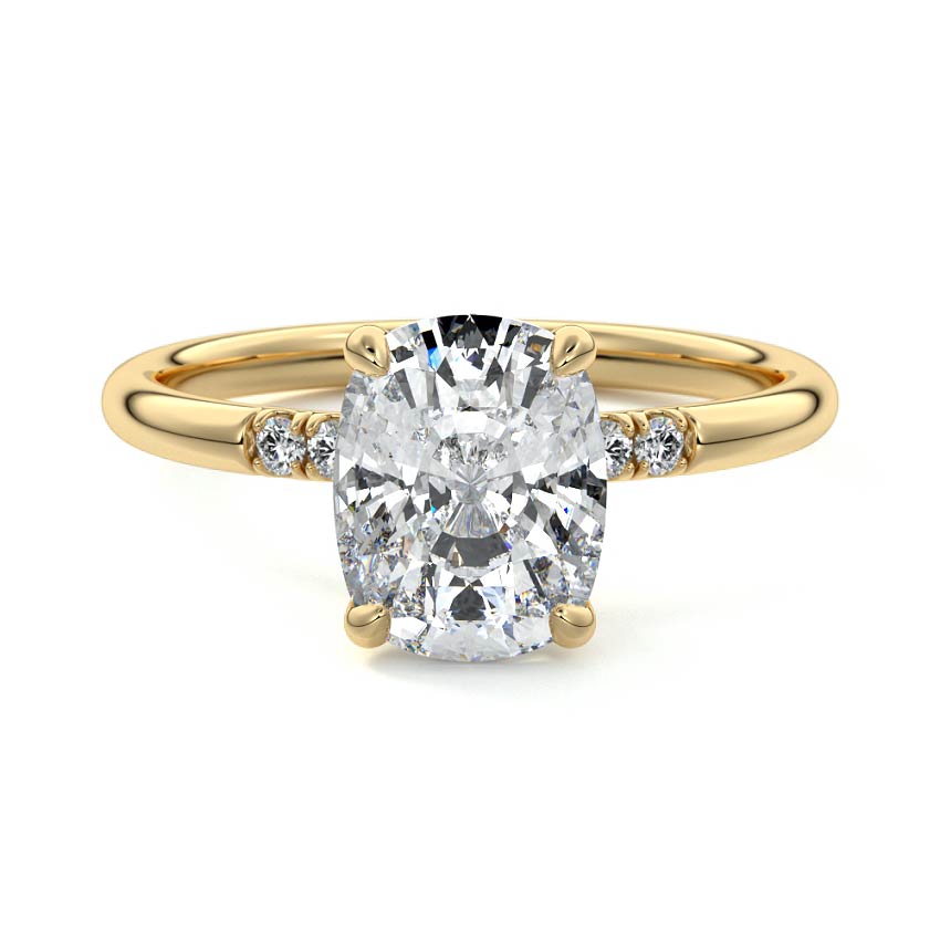 Yellow gold Cushion Diamond Hidden Halo Solitaire with Round Side Accents