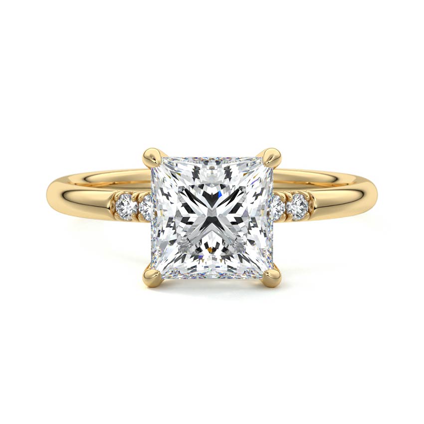 Yellow gold Princess Diamond Hidden Halo Solitaire with Round Side Accents