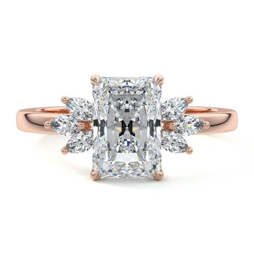 Rose gold Radiant Diamond Side Stone Engagement Ring with Marquise Floral Accents