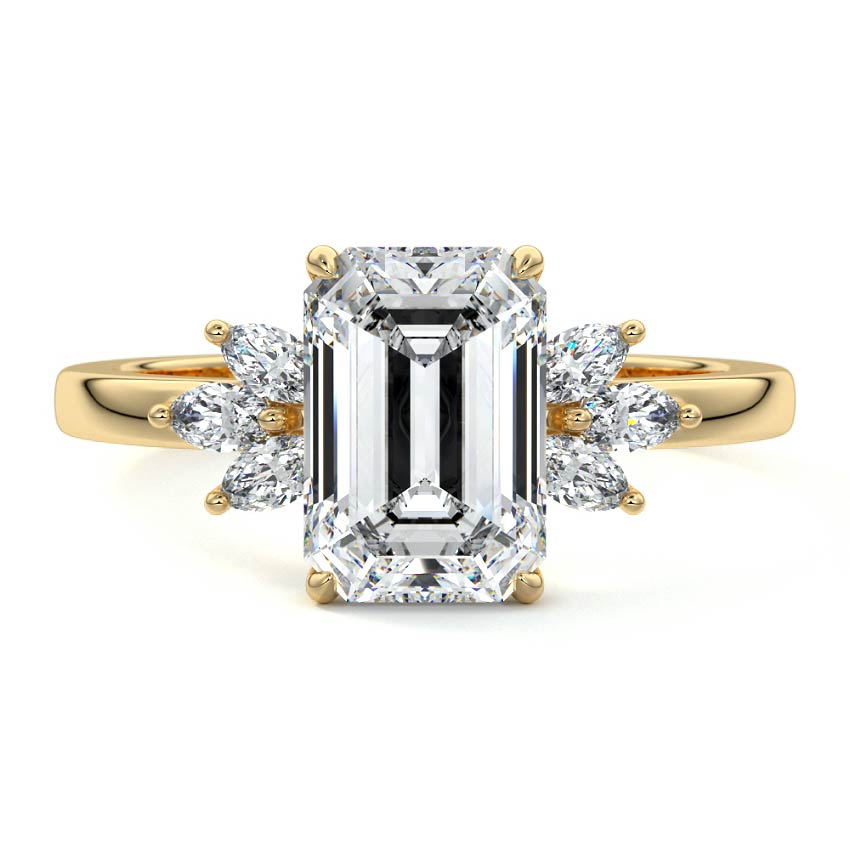 Yellow gold Emerald Diamond Side Stone Engagement Ring with Marquise Floral Accents
