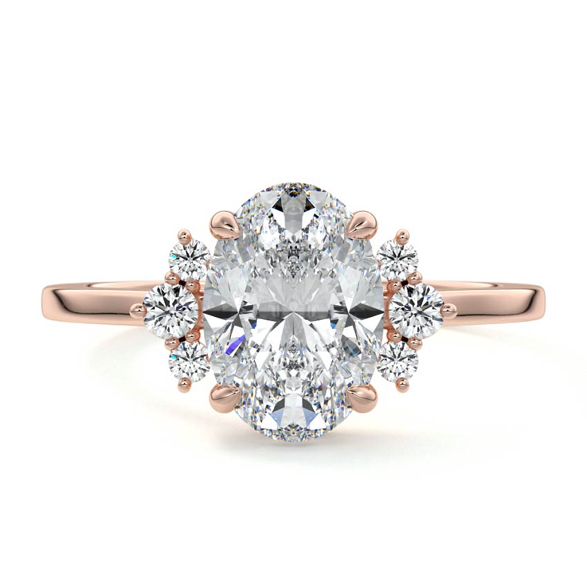 Rose gold Oval Diamond Side Stone Engagement Ring with Floral Round Cluster Accents
