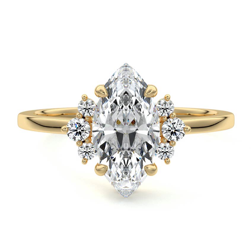Yellow gold Marquise Diamond Side Stone Engagement Ring with Floral Round Cluster Accents