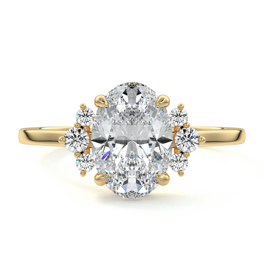 Yellow gold Oval Diamond Side Stone Engagement Ring with Floral Round Cluster Accents