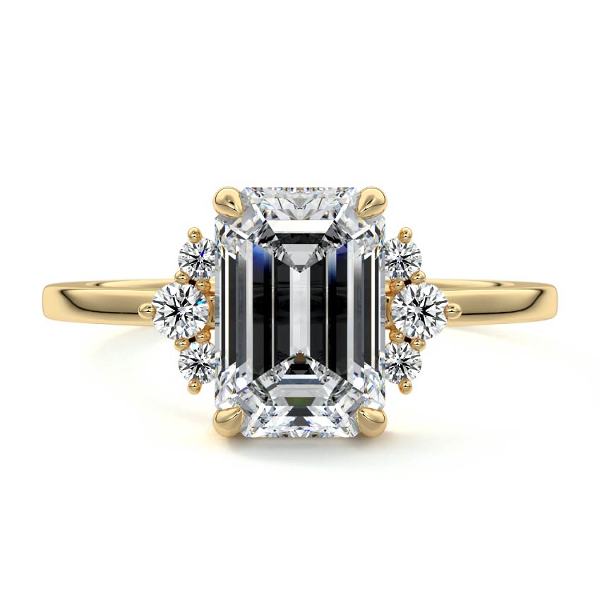 Yellow gold Emerald Diamond Side Stone Engagement Ring with Floral Round Cluster Accents