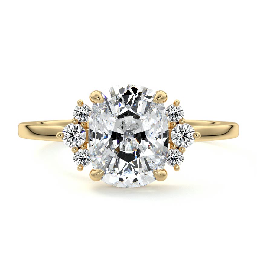 Yellow gold Cushion Diamond Side Stone Engagement Ring with Floral Round Cluster Accents