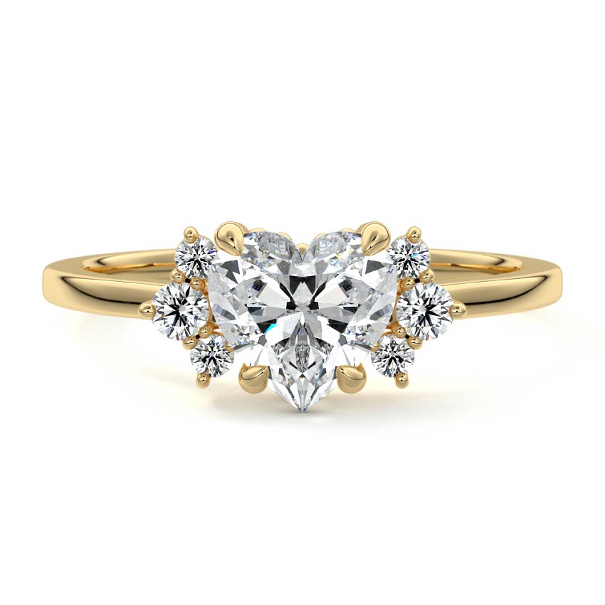 Yellow gold Heart Diamond Side Stone Engagement Ring with Floral Round Cluster Accents
