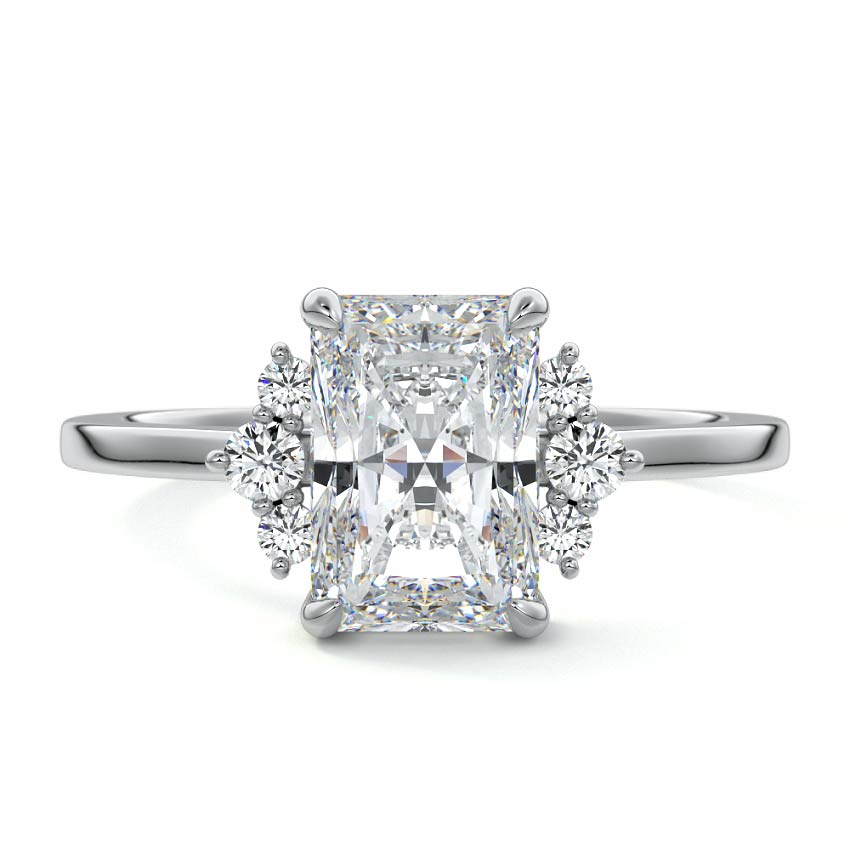 White gold Radiant Diamond Side Stone Engagement Ring with Floral Round Cluster Accents