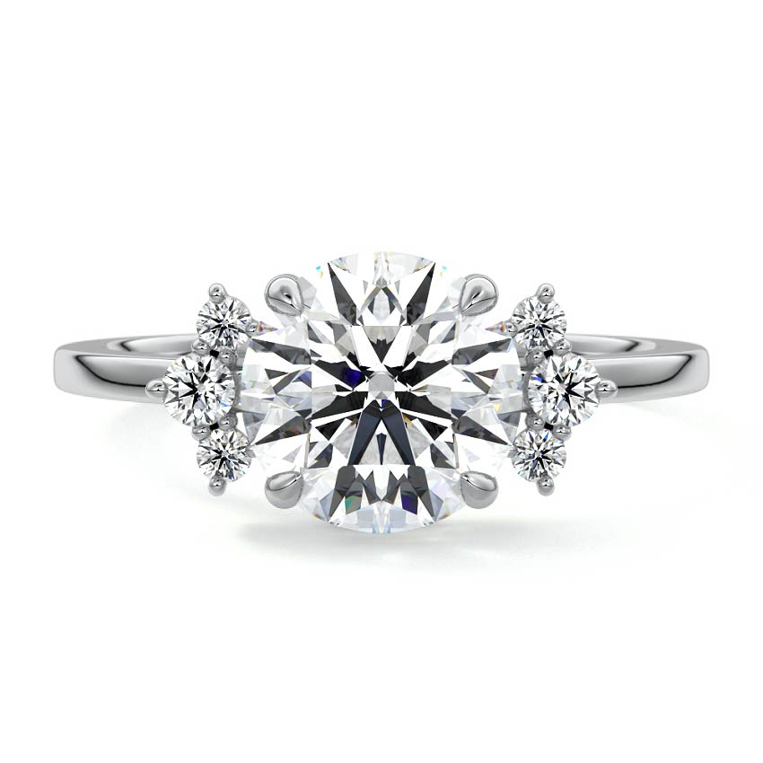 Platinum Round Diamond Side Stone Engagement Ring with Floral Round Cluster Accents