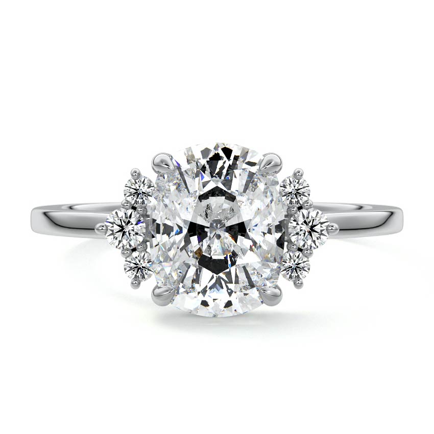 Platinum Cushion Diamond Side Stone Engagement Ring with Floral Round Cluster Accents