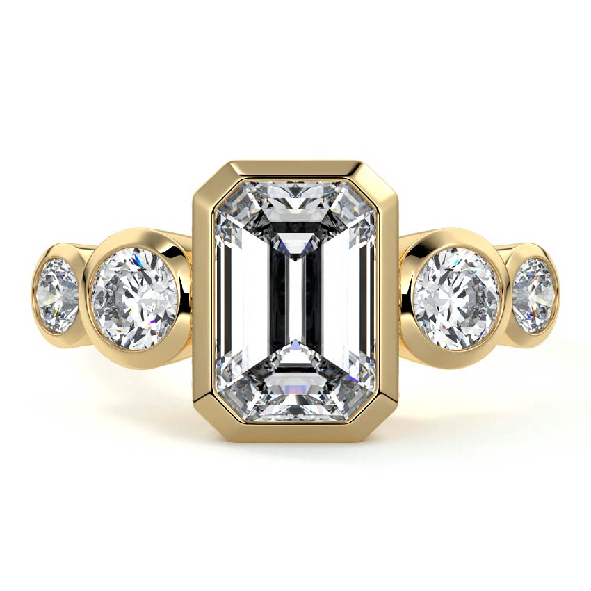 Yellow gold Emerald Diamond Ring with Bezel Setting and Round Side Accents