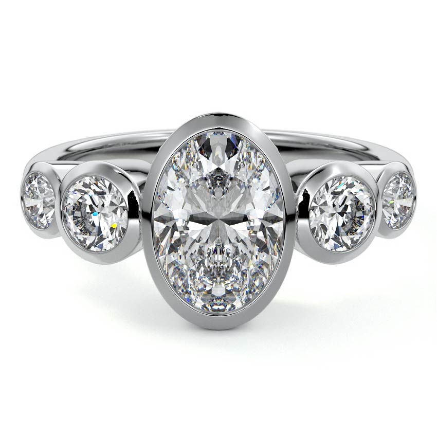 Silver Oval Diamond Ring with Bezel Setting and Round Side Accents