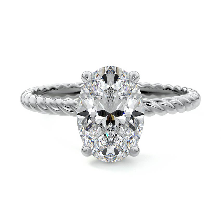 White gold Oval Diamond Solitaire Engagement Ring with Hidden Halo and Twisted Band