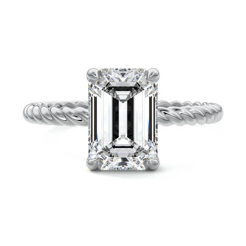 White gold Emerald Diamond Solitaire Engagement Ring with Hidden Halo and Twisted Band