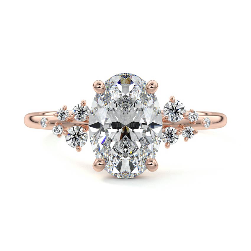 Rose gold Oval Diamond Side Stone Engagement Ring with Clustered Round Accents