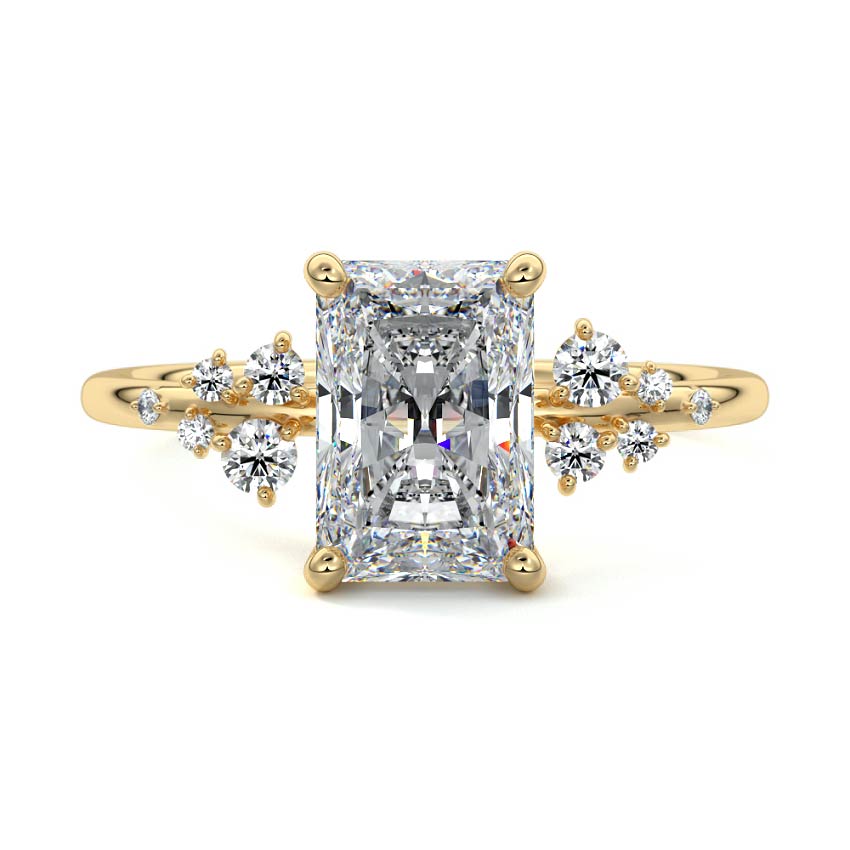 Yellow gold Radiant Diamond Side Stone Engagement Ring with Clustered Round Accents