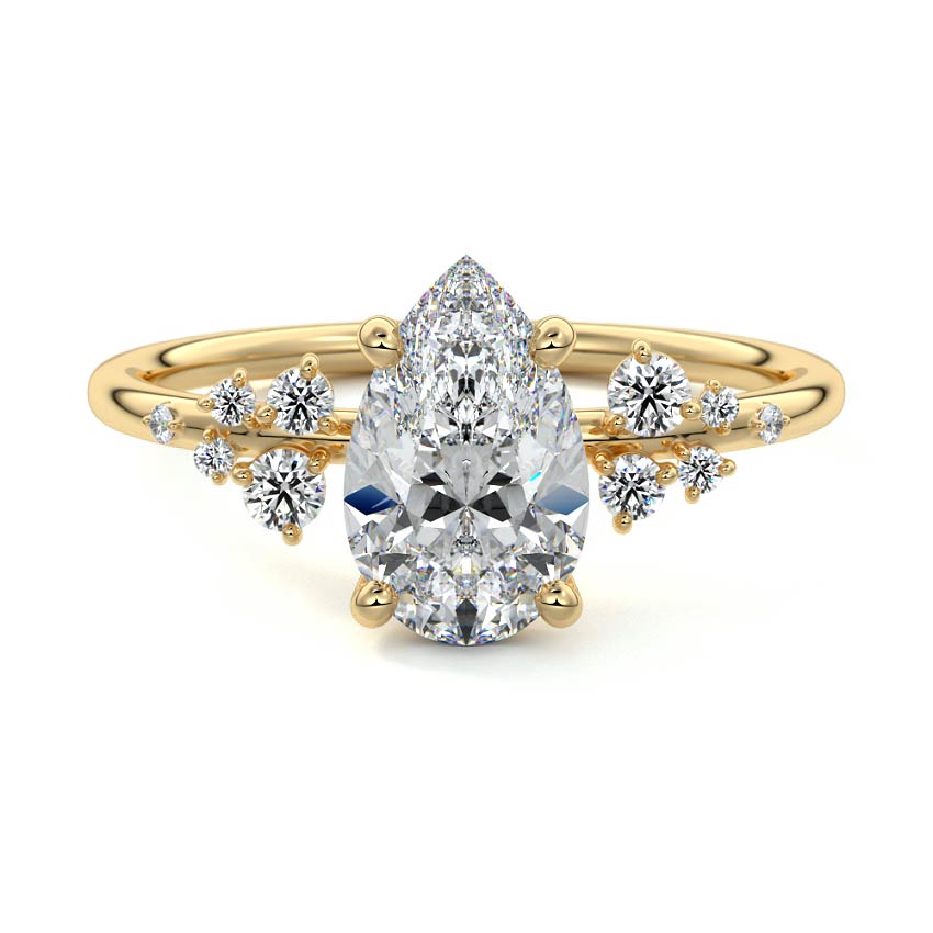 Yellow gold Pear Diamond Side Stone Engagement Ring with Clustered Round Accents