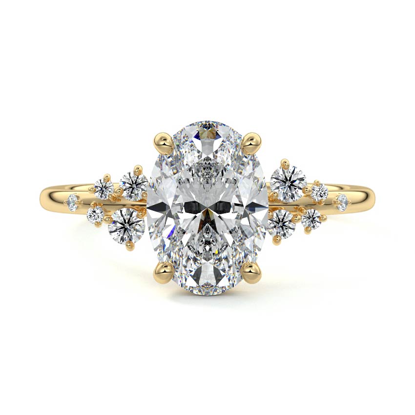 Yellow gold Oval Diamond Side Stone Engagement Ring with Clustered Round Accents