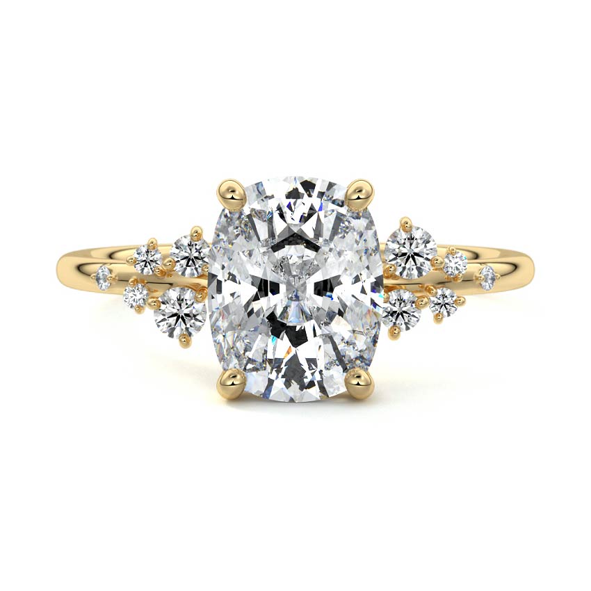 Yellow gold Cushion Diamond Side Stone Engagement Ring with Clustered Round Accents