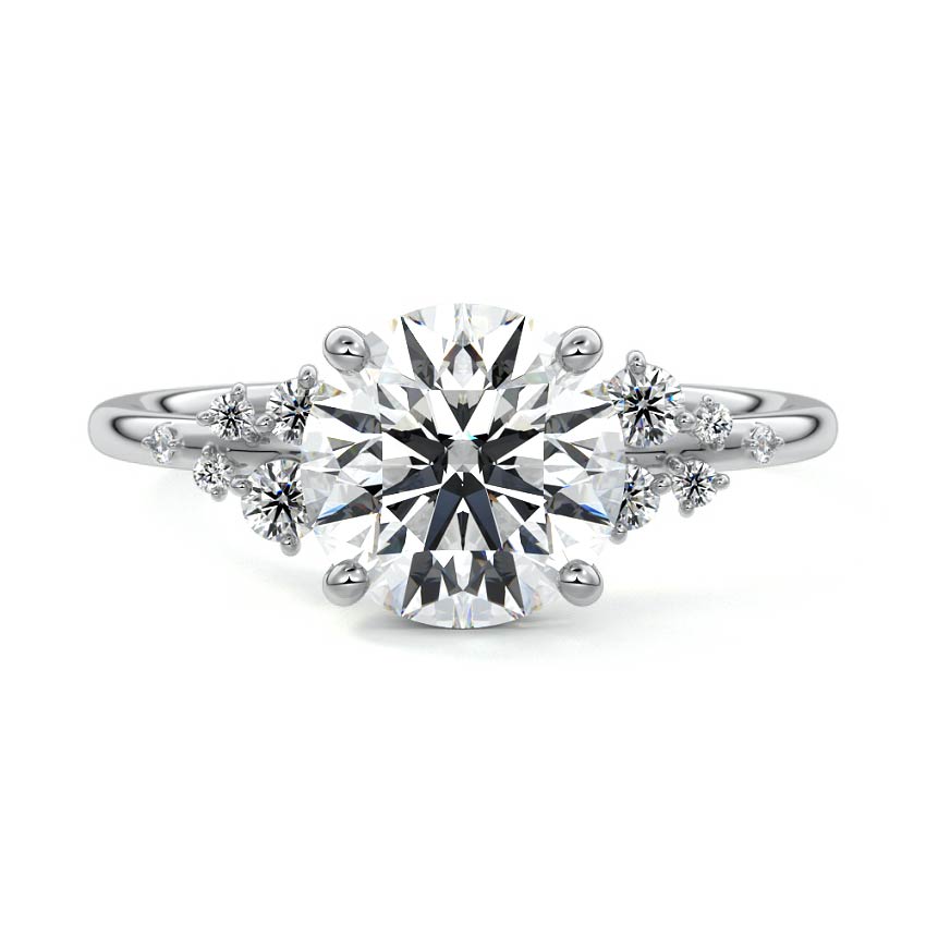 Silver Round Diamond Side Stone Engagement Ring with Clustered Round Accents